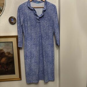 J. McLaughlin women’s blue white dot V neck 3/4 sleeve ruffle neckline dress L